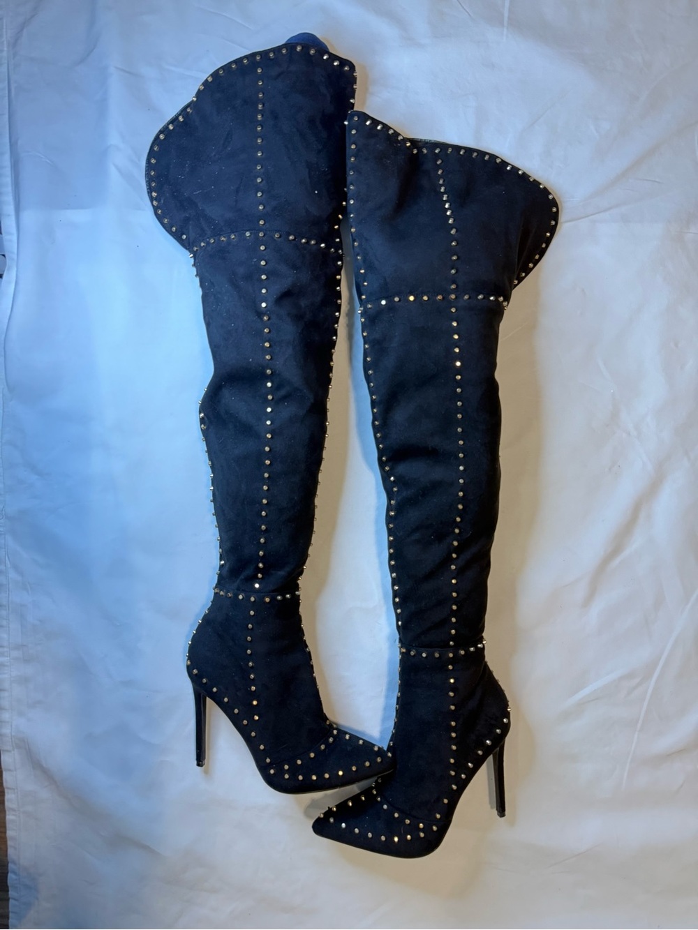 Black Over-the-Knee Stiletto Boots with Gold Studs